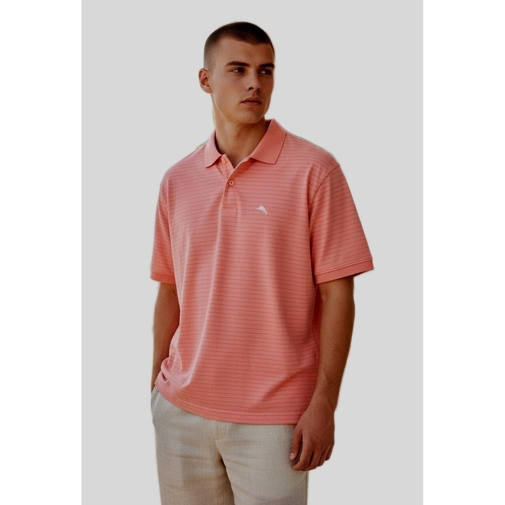 Tommy Bahama Polo Shirt Coral Pink Orange Striped Casual Preppy Golf Resort Wear
